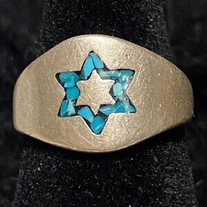 Ring 6-Pointed Star inlayed Crushed Turquoise Size 4.5 Sterling Silver Stamped 9